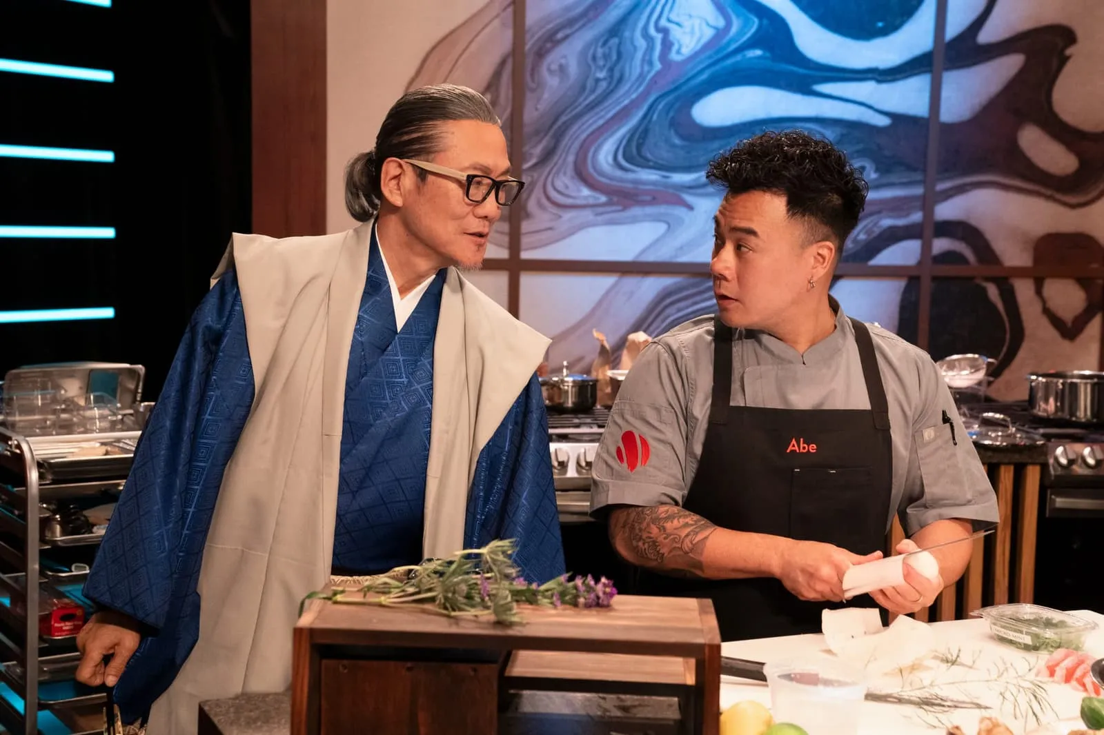 Chef Abe Yusof, right, alongside Chef Morimoto on Morimoto Sushi Master